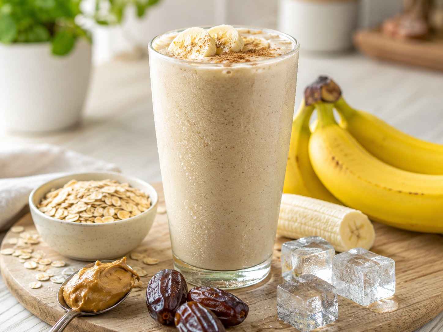 Creamy homemade banana energy shake in a glass